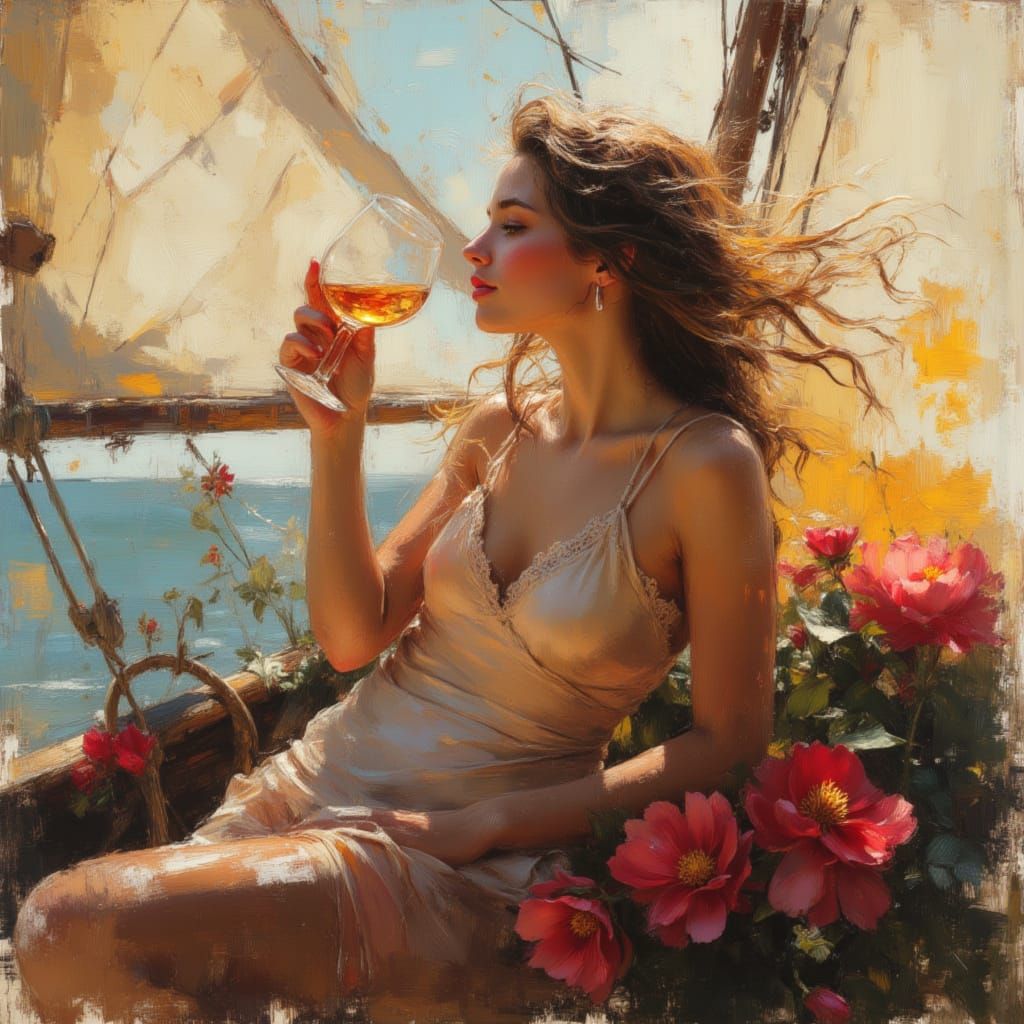 Woman on Sailboat with Watercolor Splatter Effect