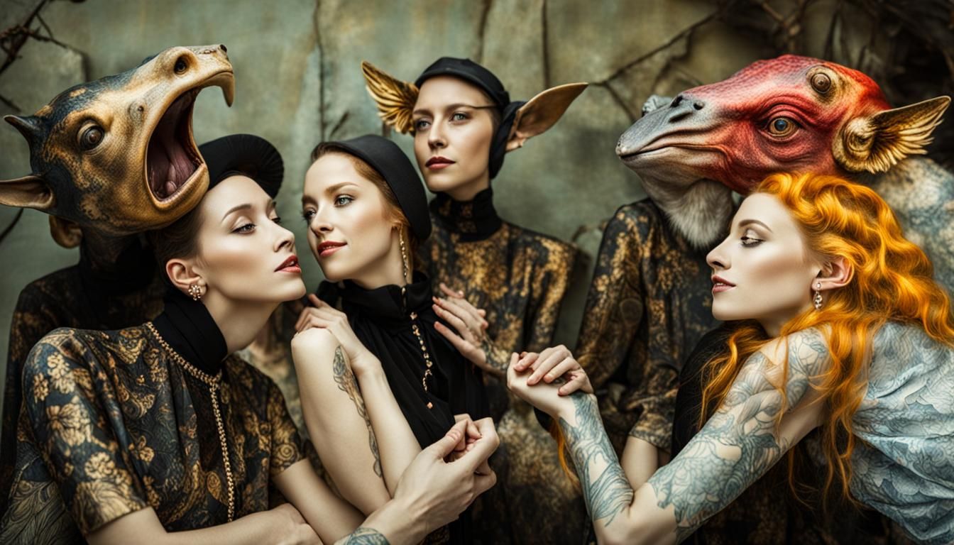 Surreal Restaurant Scene with Beautifully Dressed Aliens