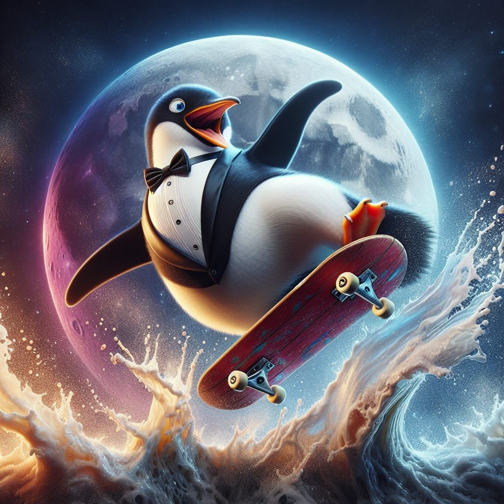 Hyperrealistic Penguin Skateboarding on the Moon in Tuxedo