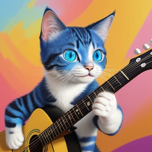 Smiling Cat Plays Guitar in Cartoon Digital Painting