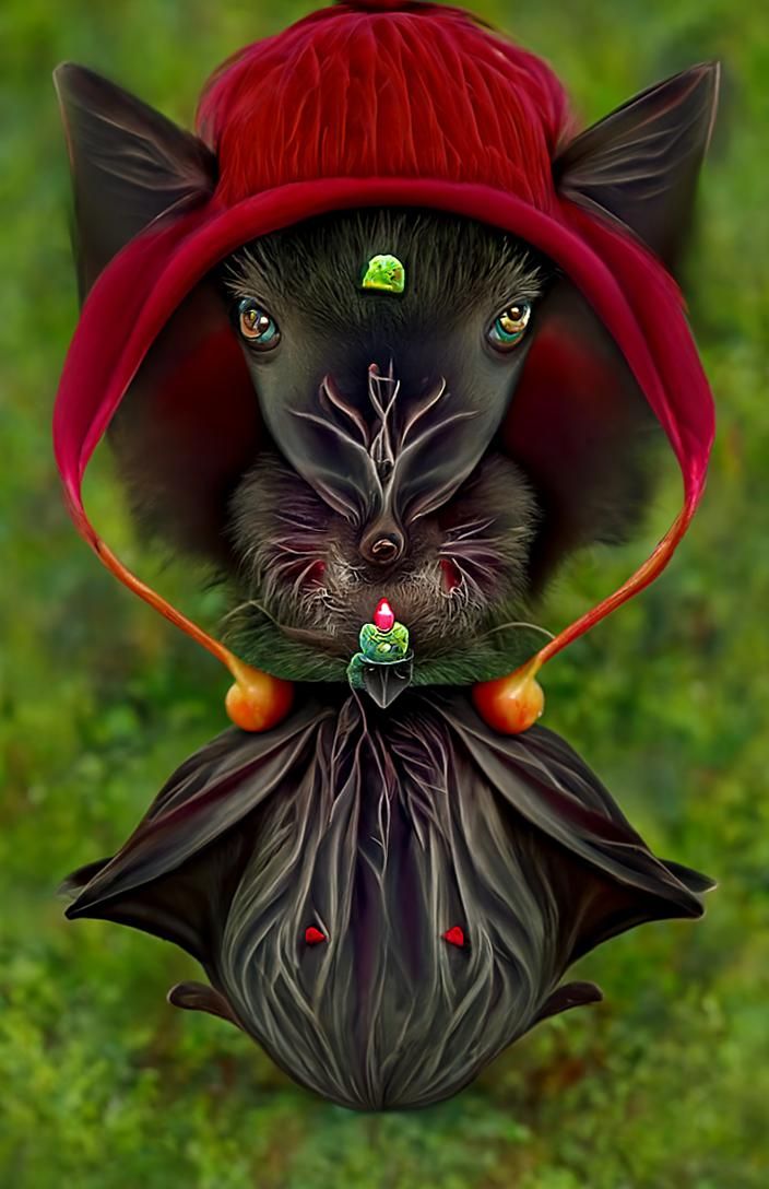 Cute Bat in Red Hat, Magical Enchanted Style