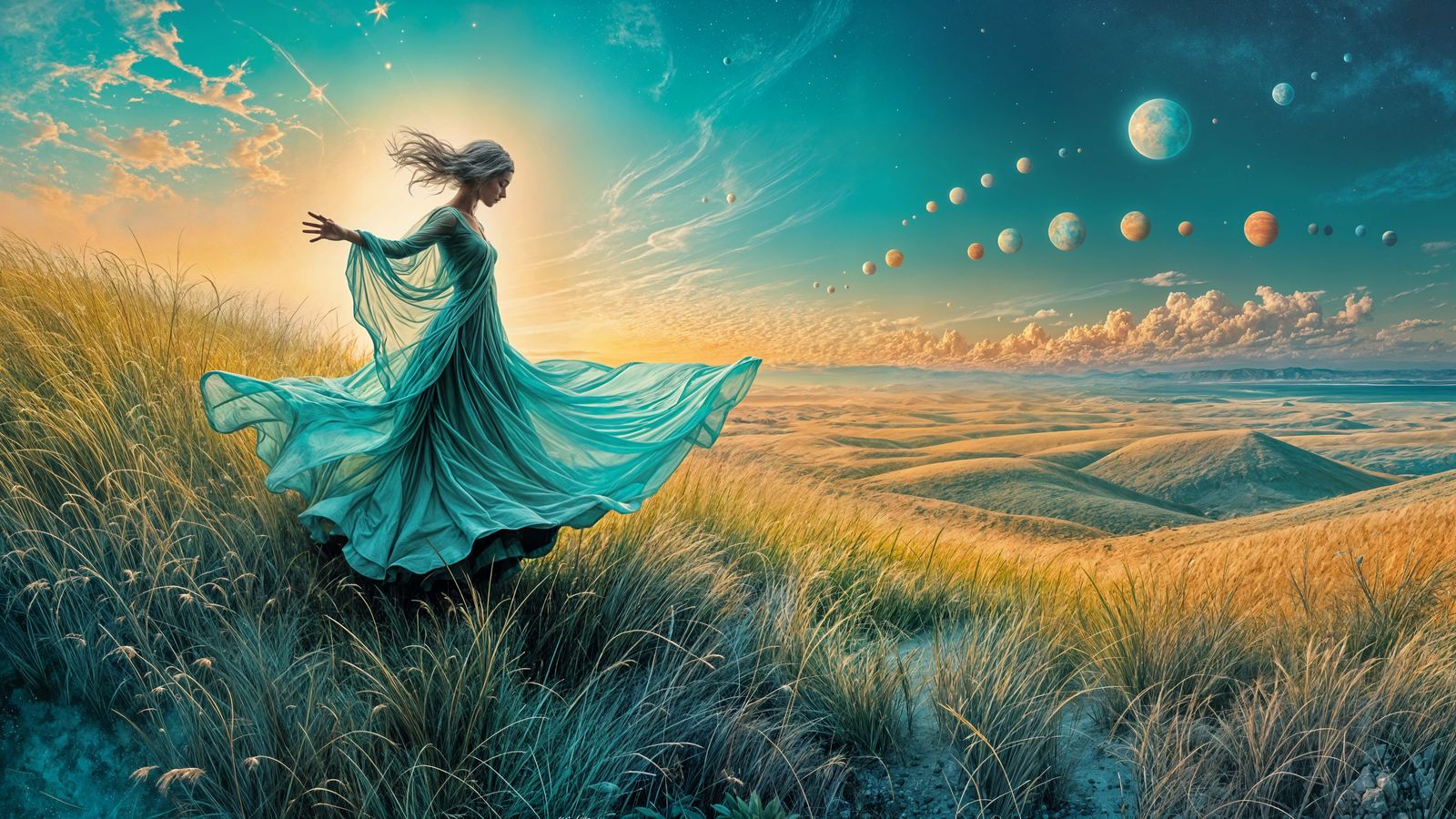 Turquoise Solar System with Eight Planets