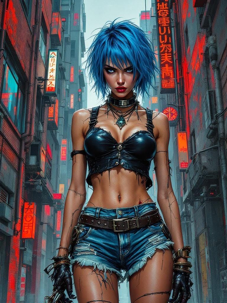 Cyberpunk Graphic Novel: Blue-Haired Woman in Neo-Tokyo
