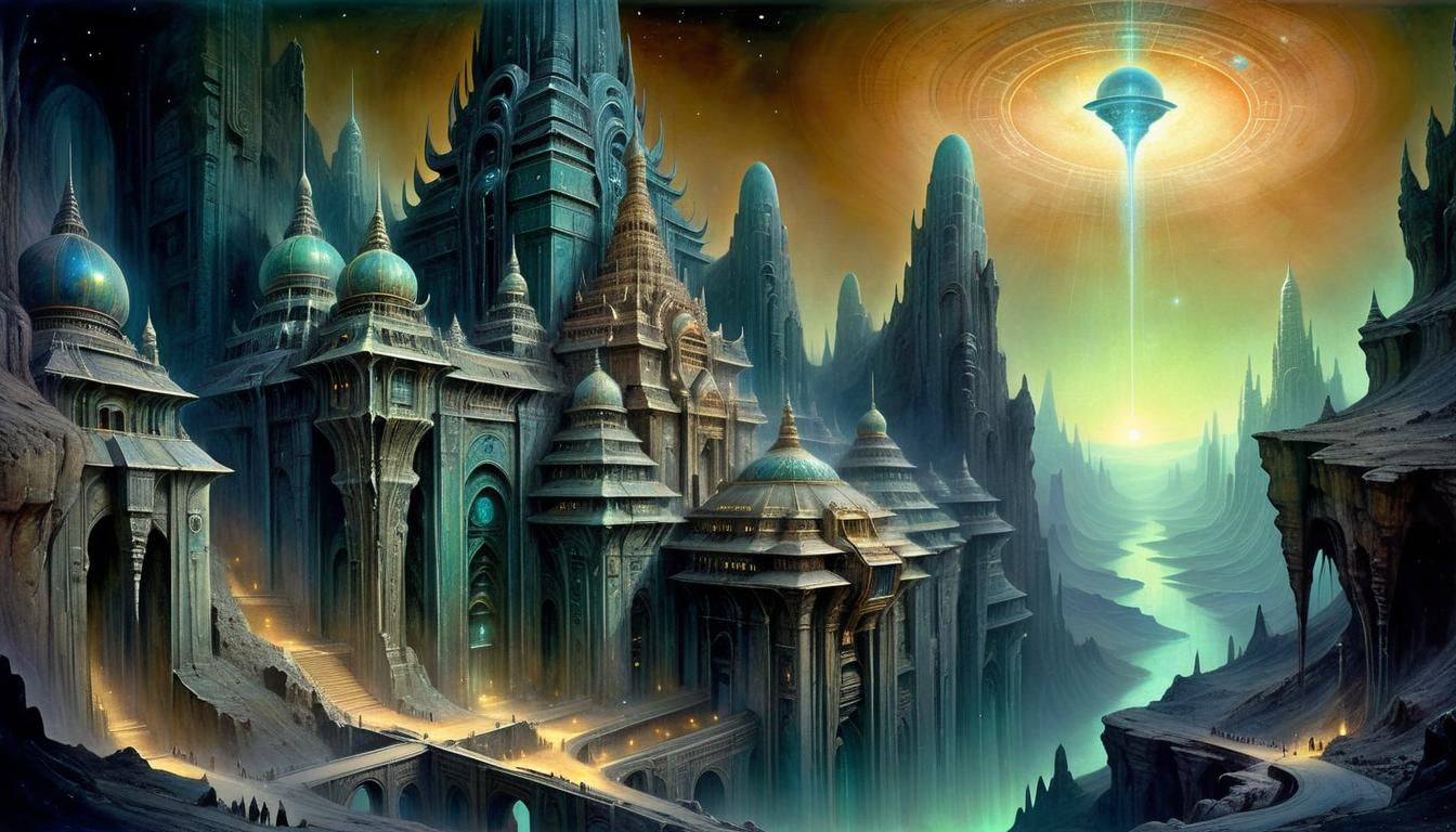 Rococo Sci-Fi Temple Complex at Night