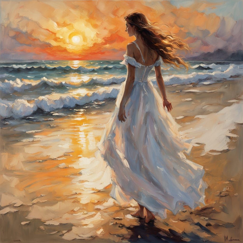 Serene Beachside Sunset in Impressionist Style