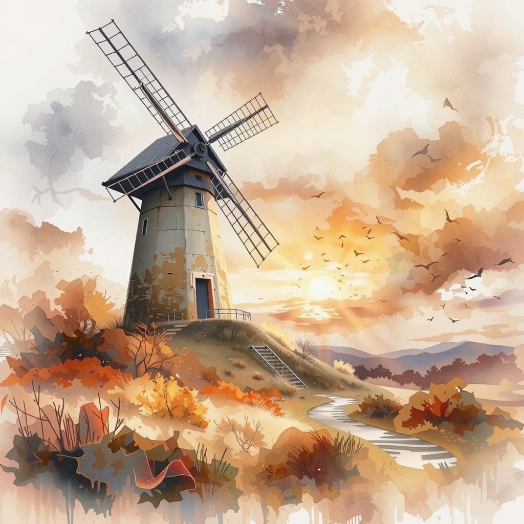 Ethereal Windmill Scene at Autumn Sunset in Whimsical Waterc...