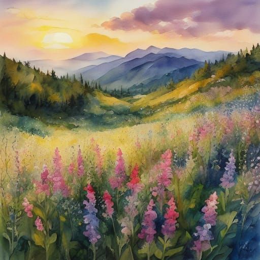 Impressionist Watercolor: People Playing on Rolling Hills