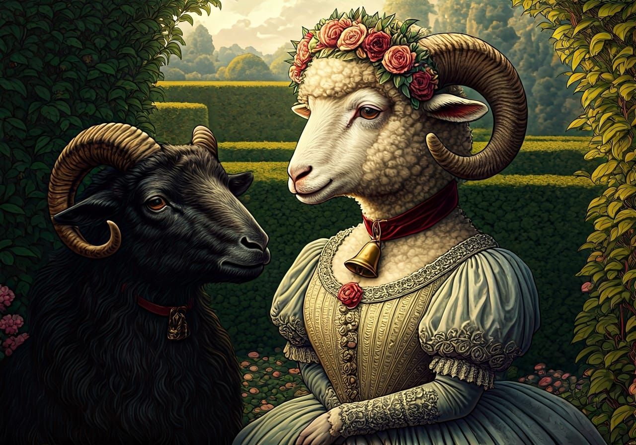 Victorian Sheep and Ram in Arthur Rackham Style