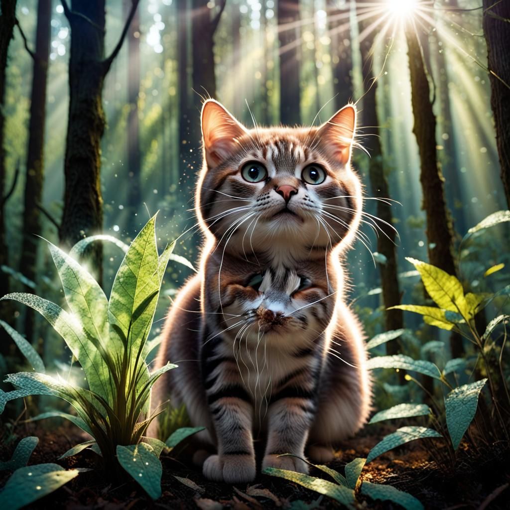 Crystal Cat Sunlight Refraction in Cyberpunk Forest