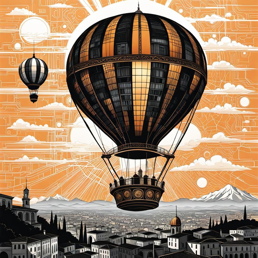 Schematic Italian Town Landscape in Black and White