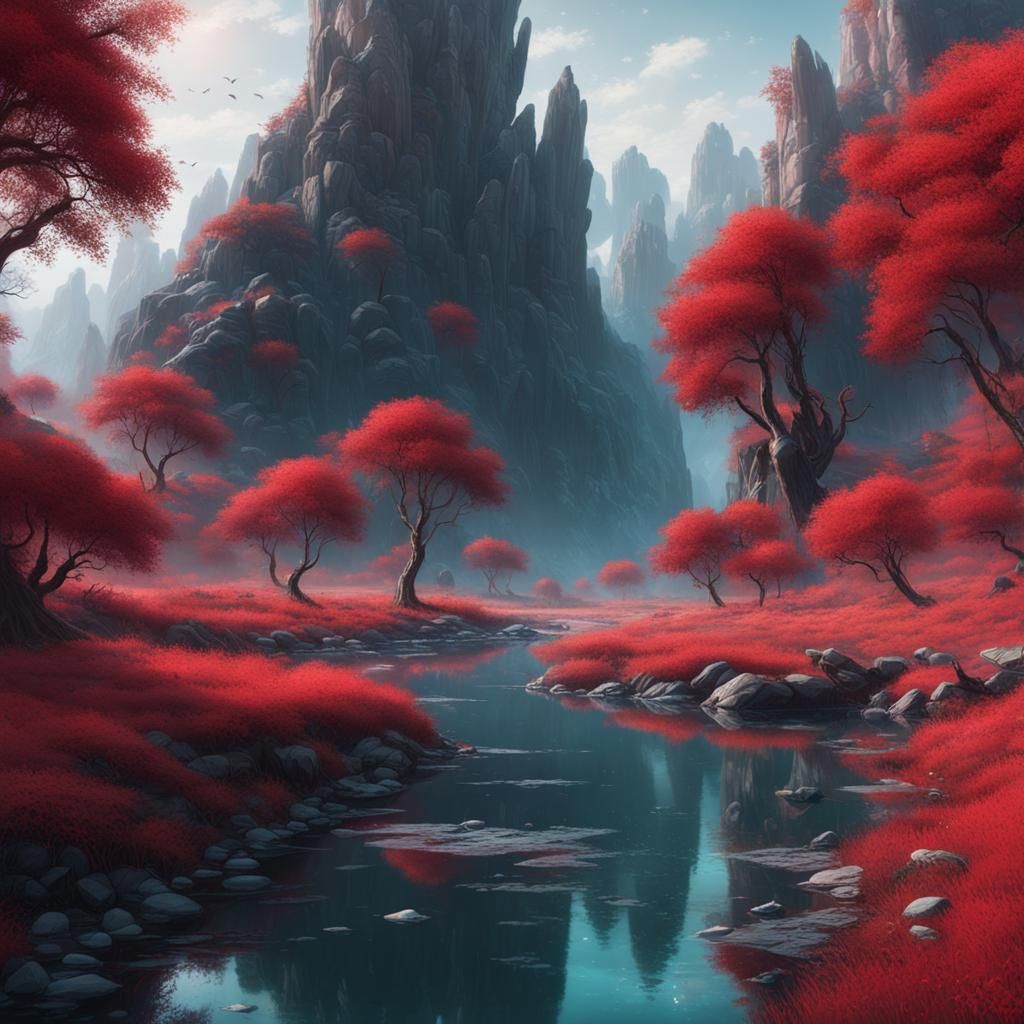 Alien World: Red Forest, Crystal River in Hyperdetailed Styl...