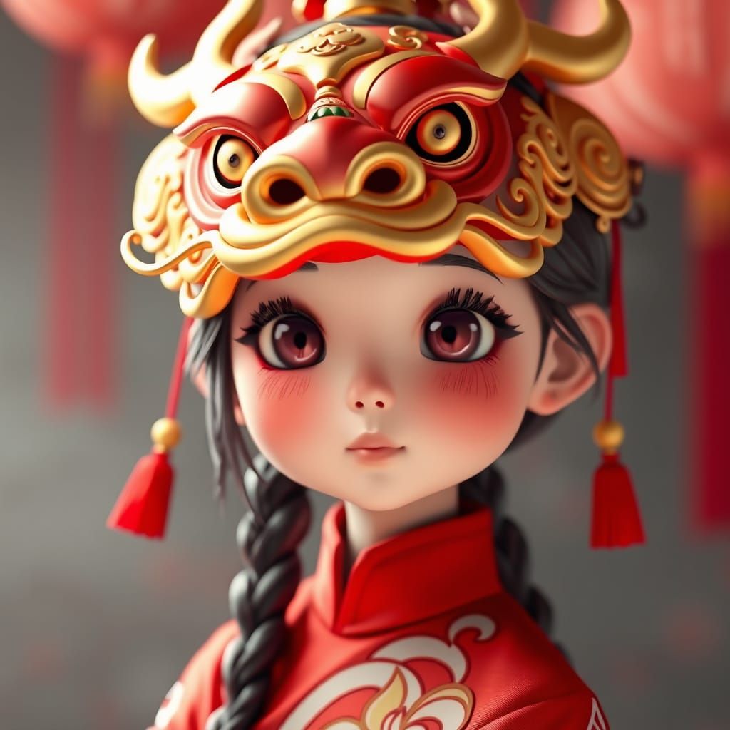 Charming Girl in Traditional Hanfu with Golden Dragon Mask