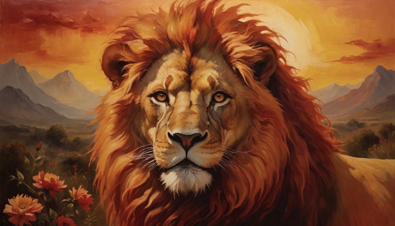 Majestic Lion with Fiery Mane and Flowers