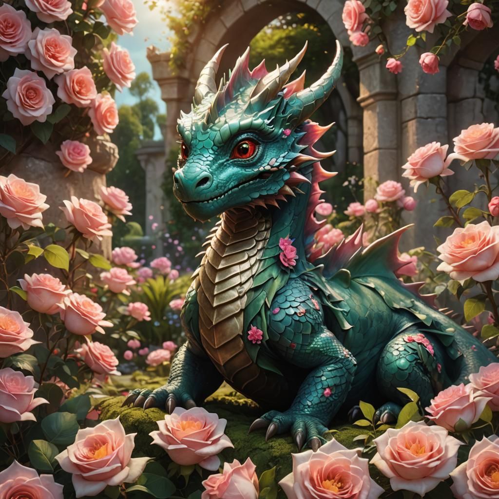 Baby Dragon in Rose Garden: Fantasy Concept Art
