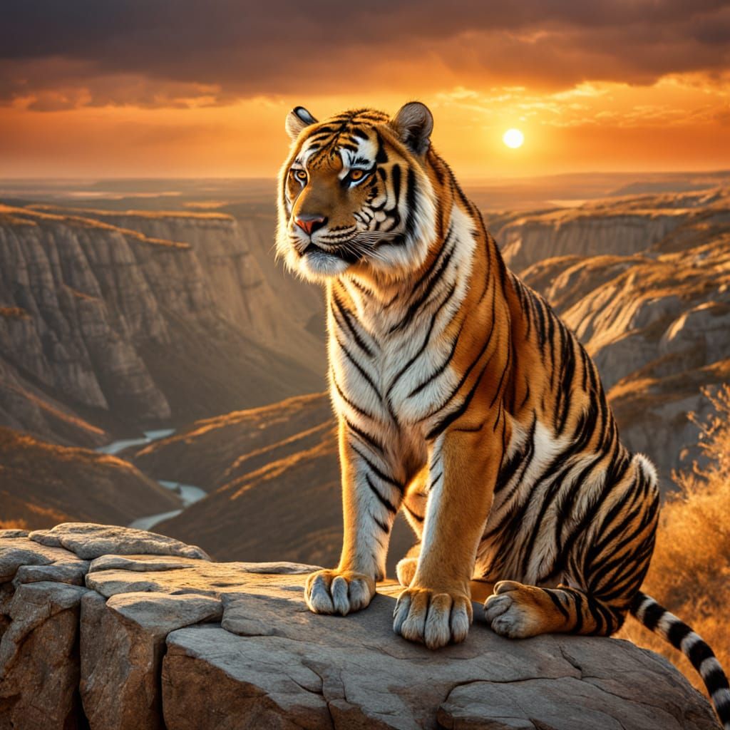 The Caspian tiger sitting on a huge cliff watching the sunse...