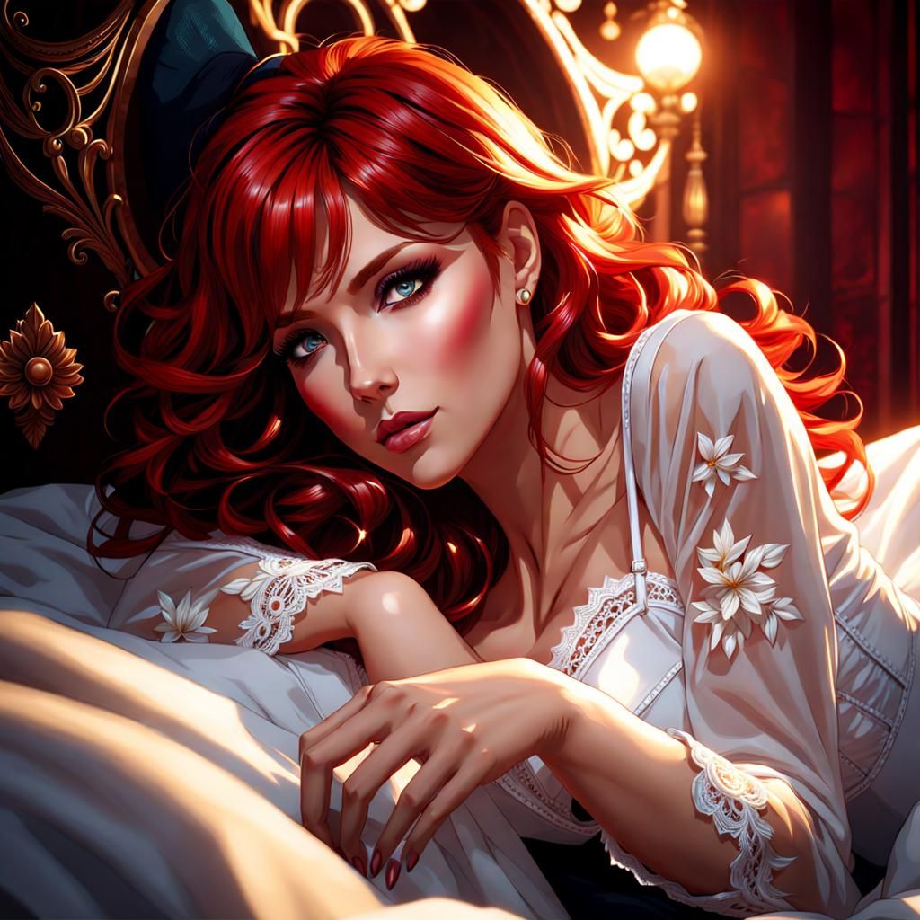 Anime Portrait of Red-Haired Woman in Lingerie