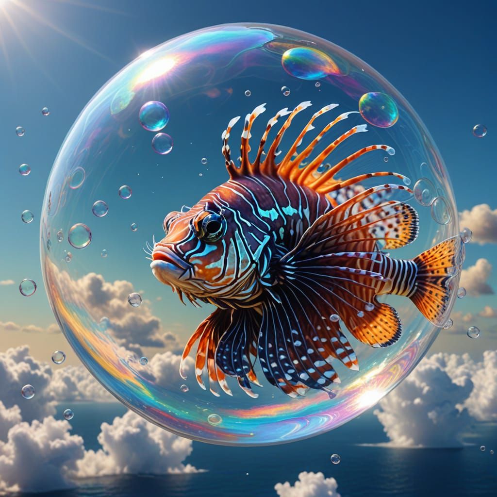 Surreal Lionfish Bubble in Dreamlike Digital Art