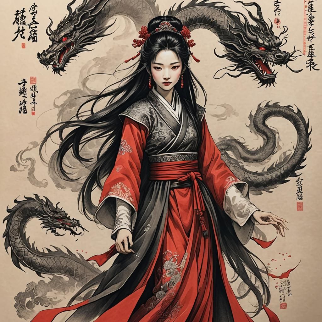 Chinese Dragon Princess in Pen and Ink