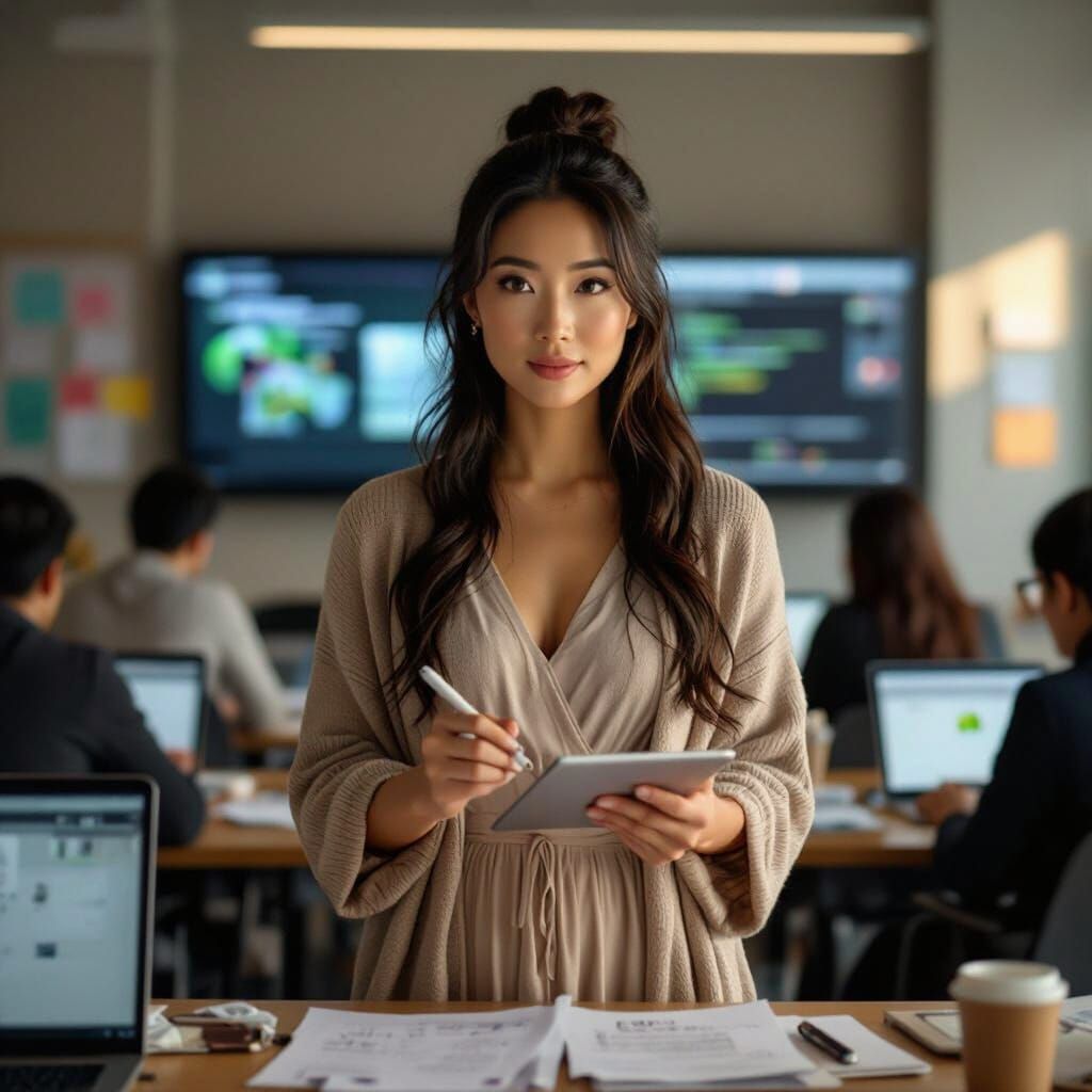 Elegant Asian-American Woman in Modern Classroom