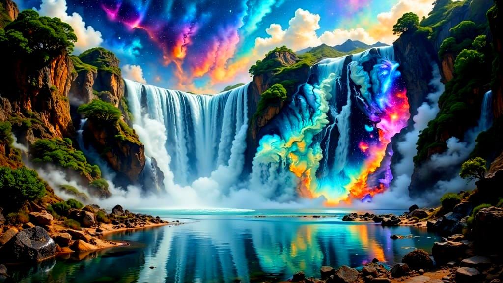 Crystal Waterfall in Vibrant Hyperkraximalismus Style