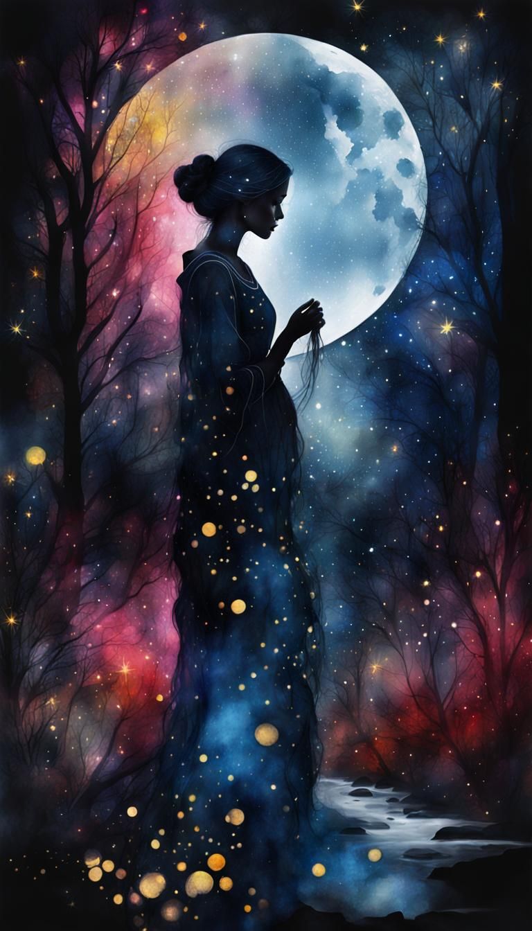 Mystical Double Exposure: Smoky Silhouette in Moonlight