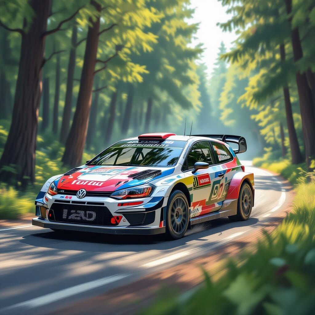 Rally Car Speeds Through Forest in Neo-Impressionist Style