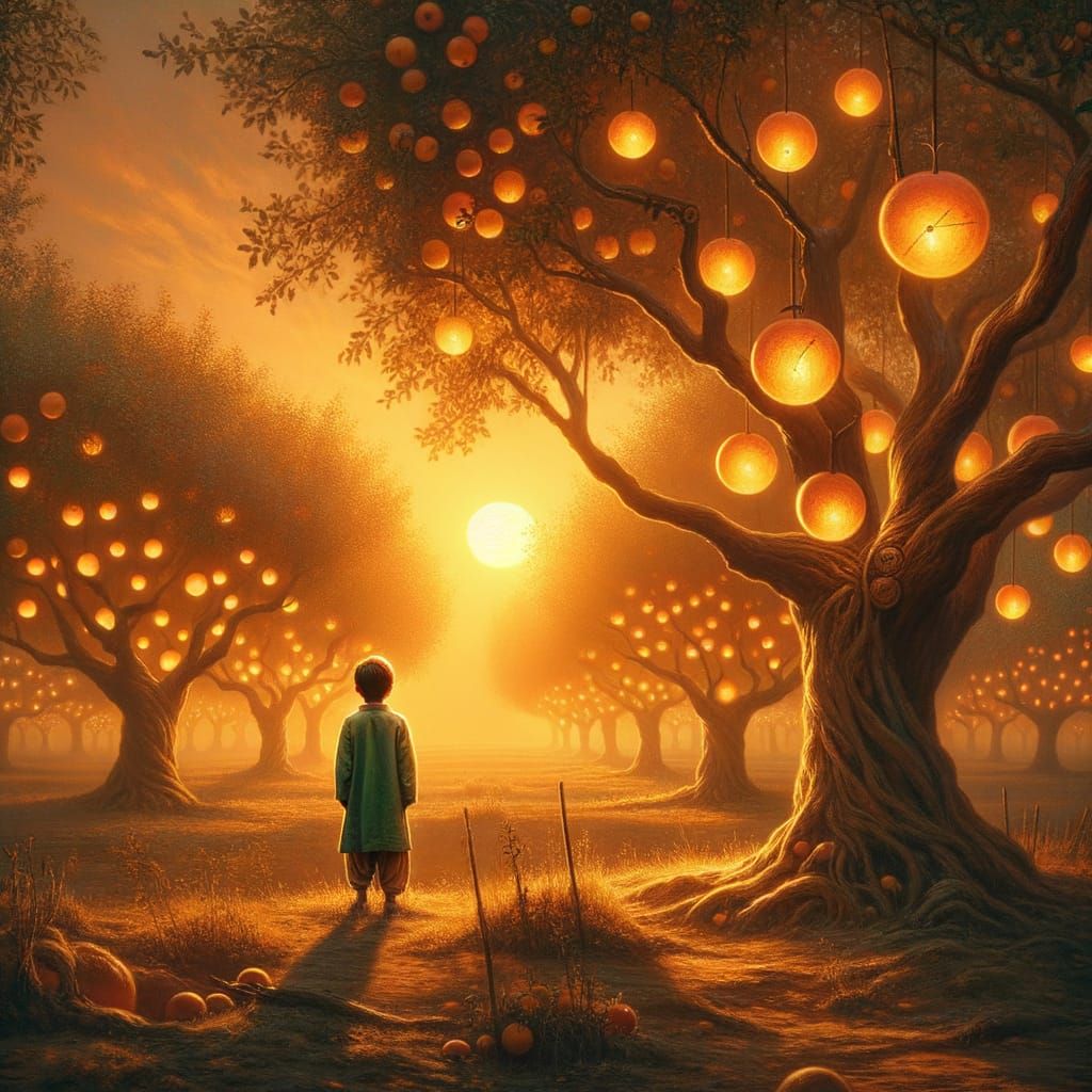 Golden Sunset Orchard with Clock Fruit and Child