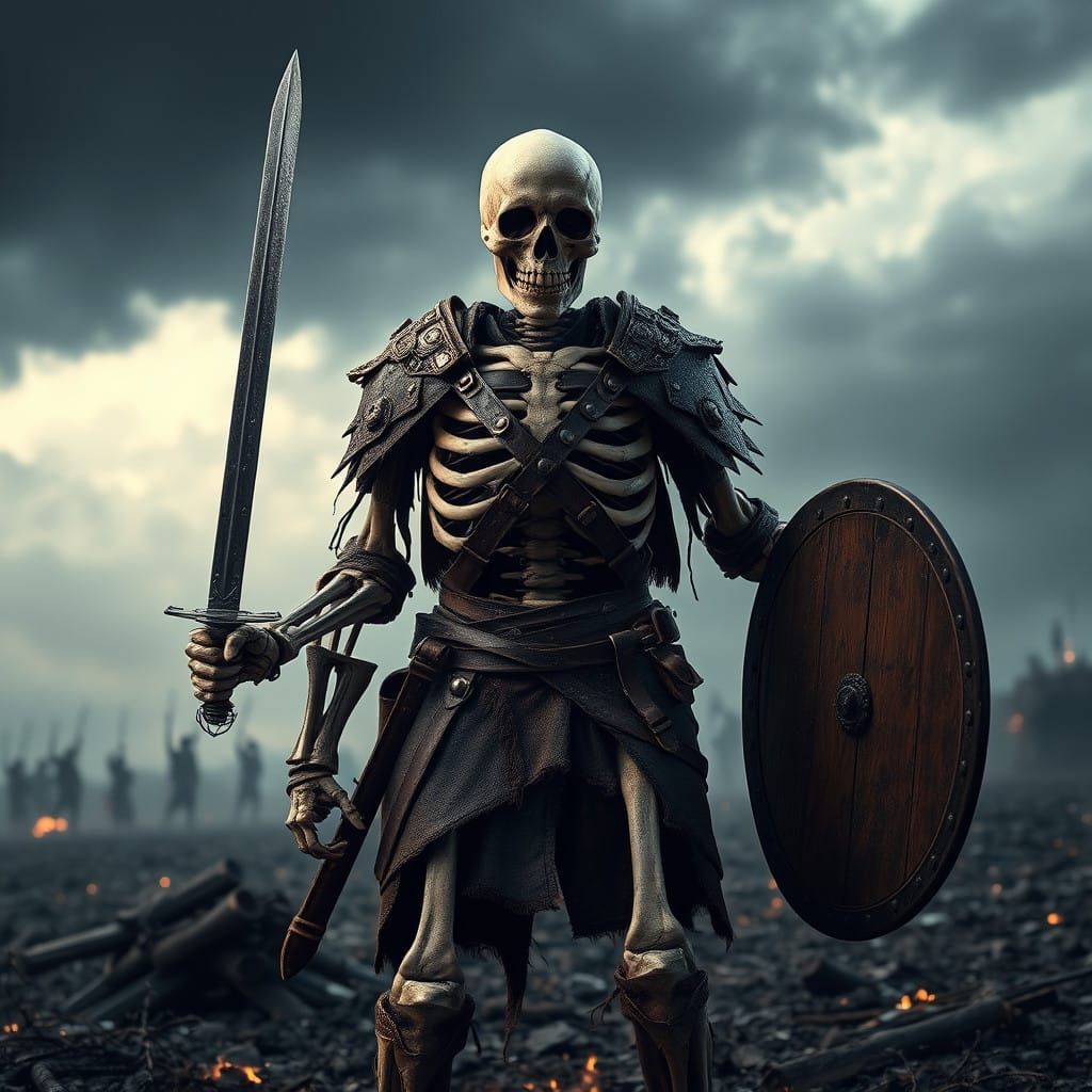 Cinematic Skeleton Warrior in Epic Battle Scene