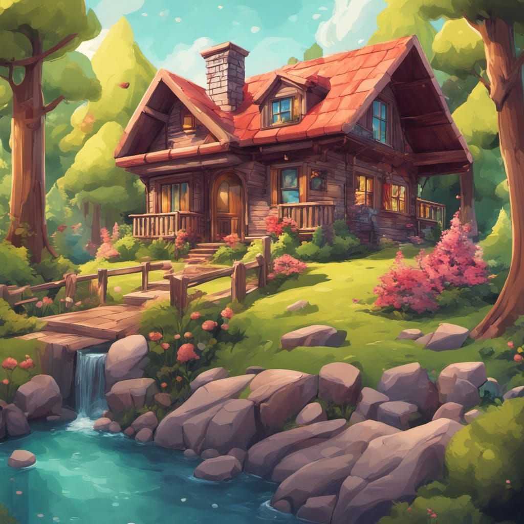 Cozy Cabin in Candy Art Style Forest
