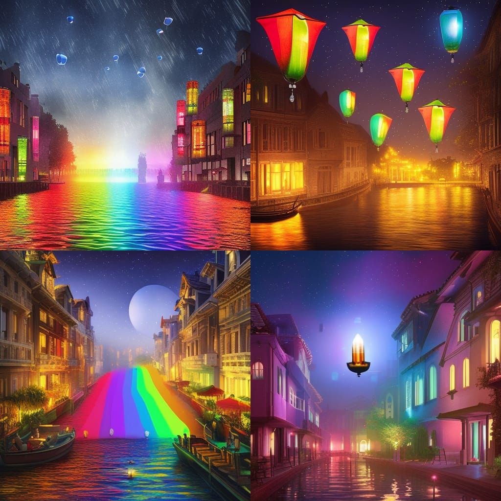 Photorealistic rainbow floating lanterns in the night sky
