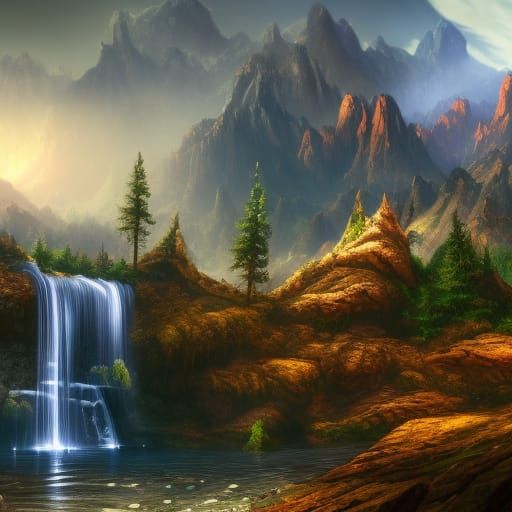 Fantastical Waterfall and Mountain Landscape in Matte Painti...