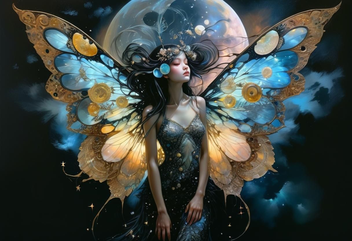 Bioluminescent Moon Fairy Collage Painting