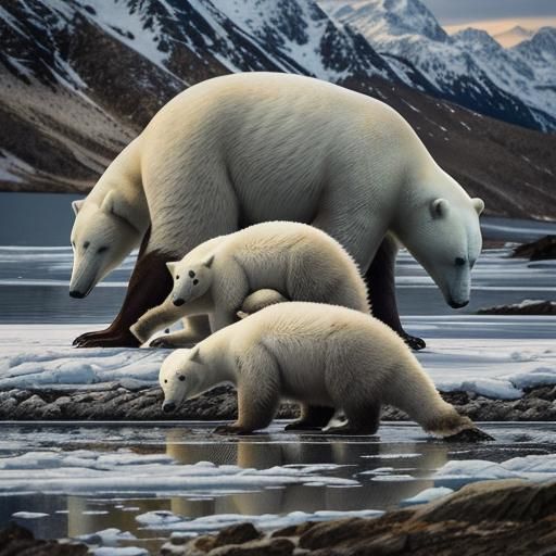 Polar Bear Family Meets Penguins on Ice
