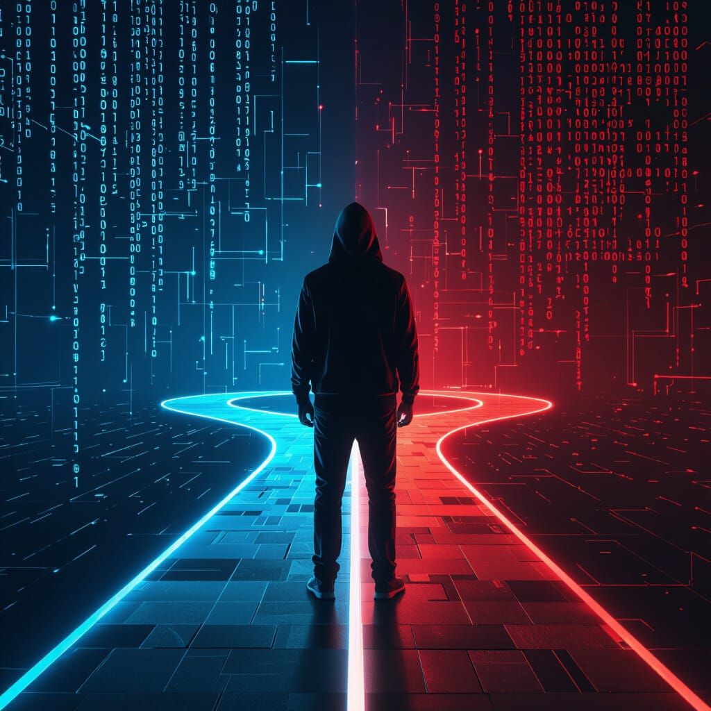 Hacker at Blue and Red Cyber Path, Digital Matte Painting