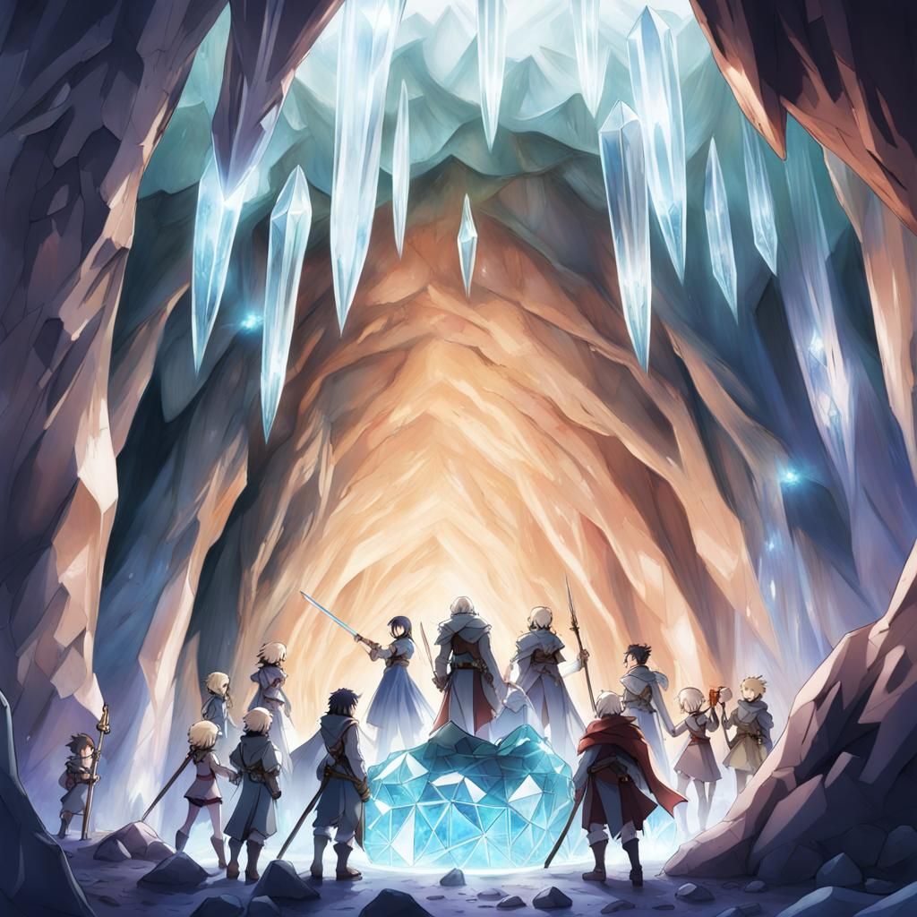 Fantasy Adventurers in Crystal Cave: Anime-Inspired Art