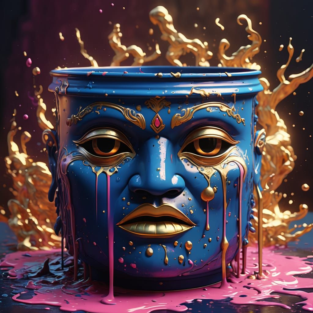 Vibrant Pink Oni Mask Splashes into Gold and Sapphire Blue P...
