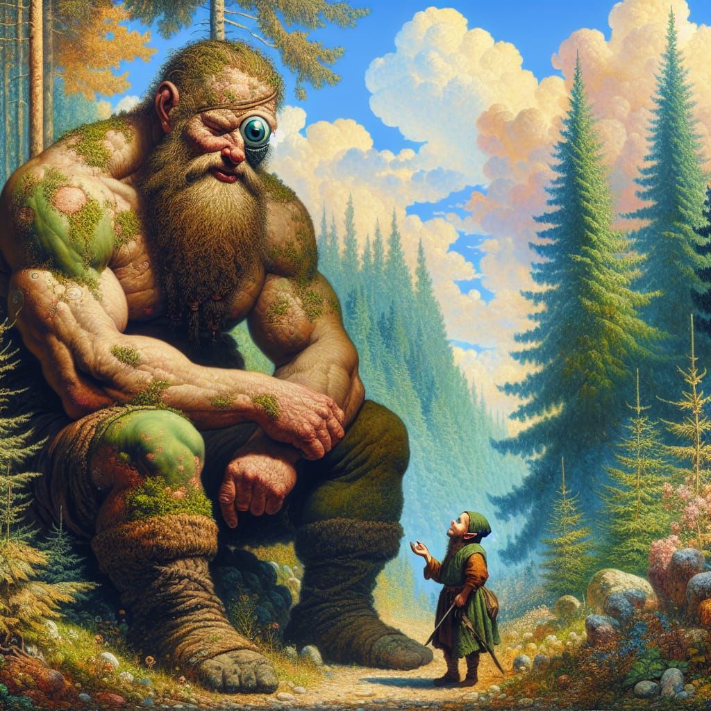 Gentle Cyclops Converses with Petite Elf in Lush Baroque For...