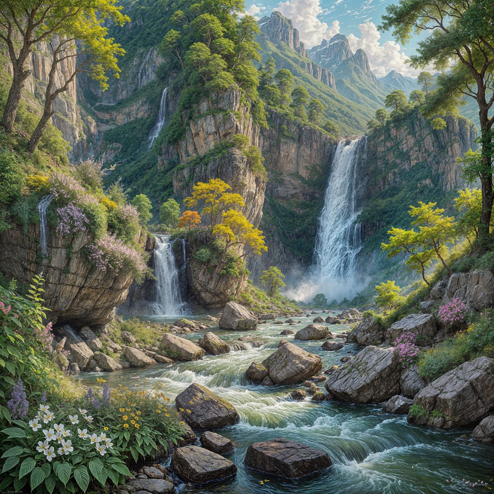 Lush Mountain Paradise with Flying Flowers and Waterfall