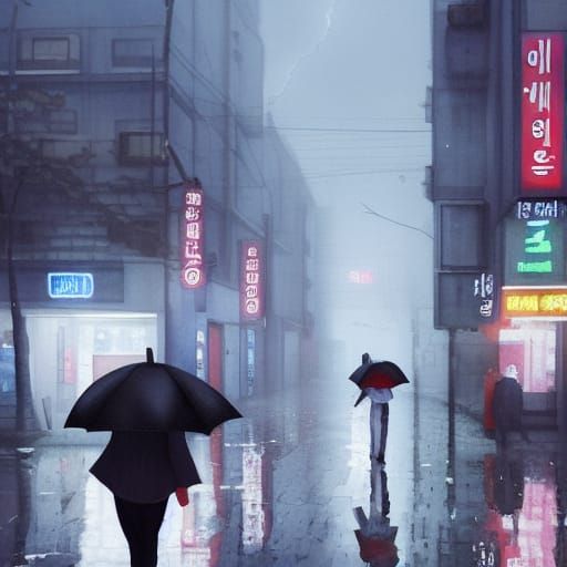 Seoul Street Scene: Rainy Day Watercolor Painting