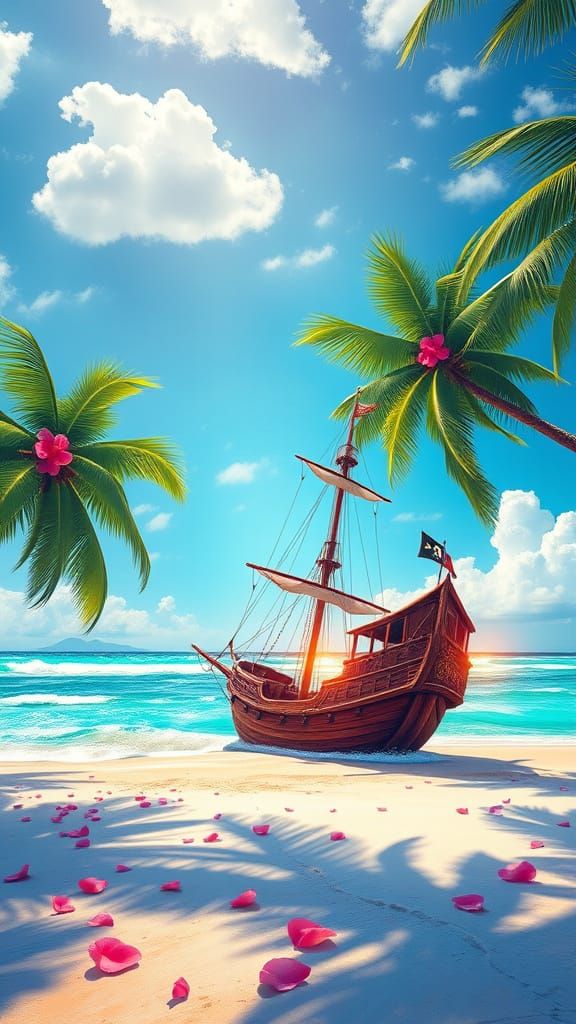 Tropical Beach Pirate Ship: Vibrant Oil Painting