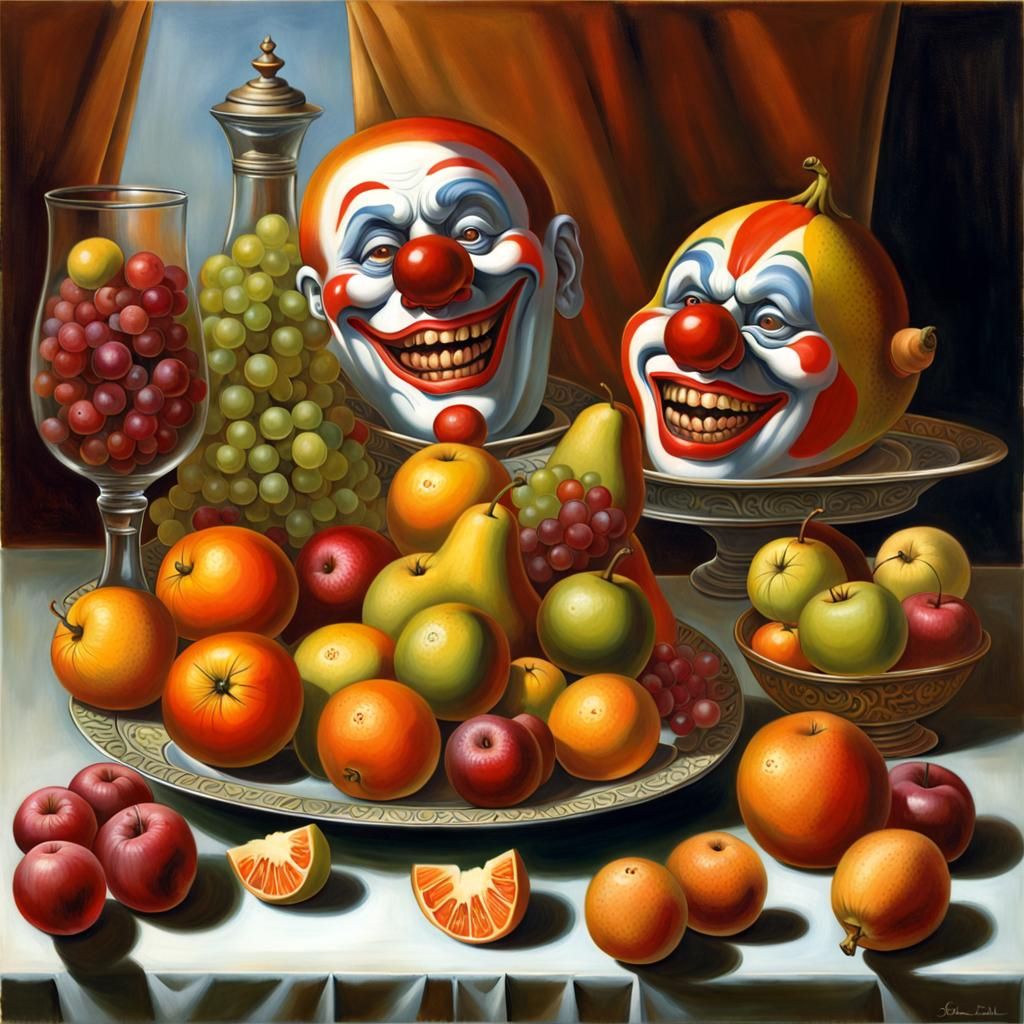 Surreal Translucent Clown Fruit Still Life