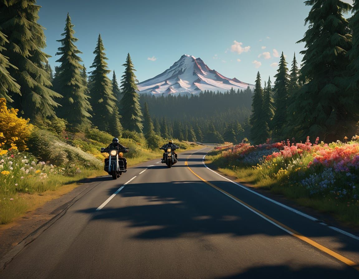 Custom Choppers Ride Country Road Towards Mt. Hood