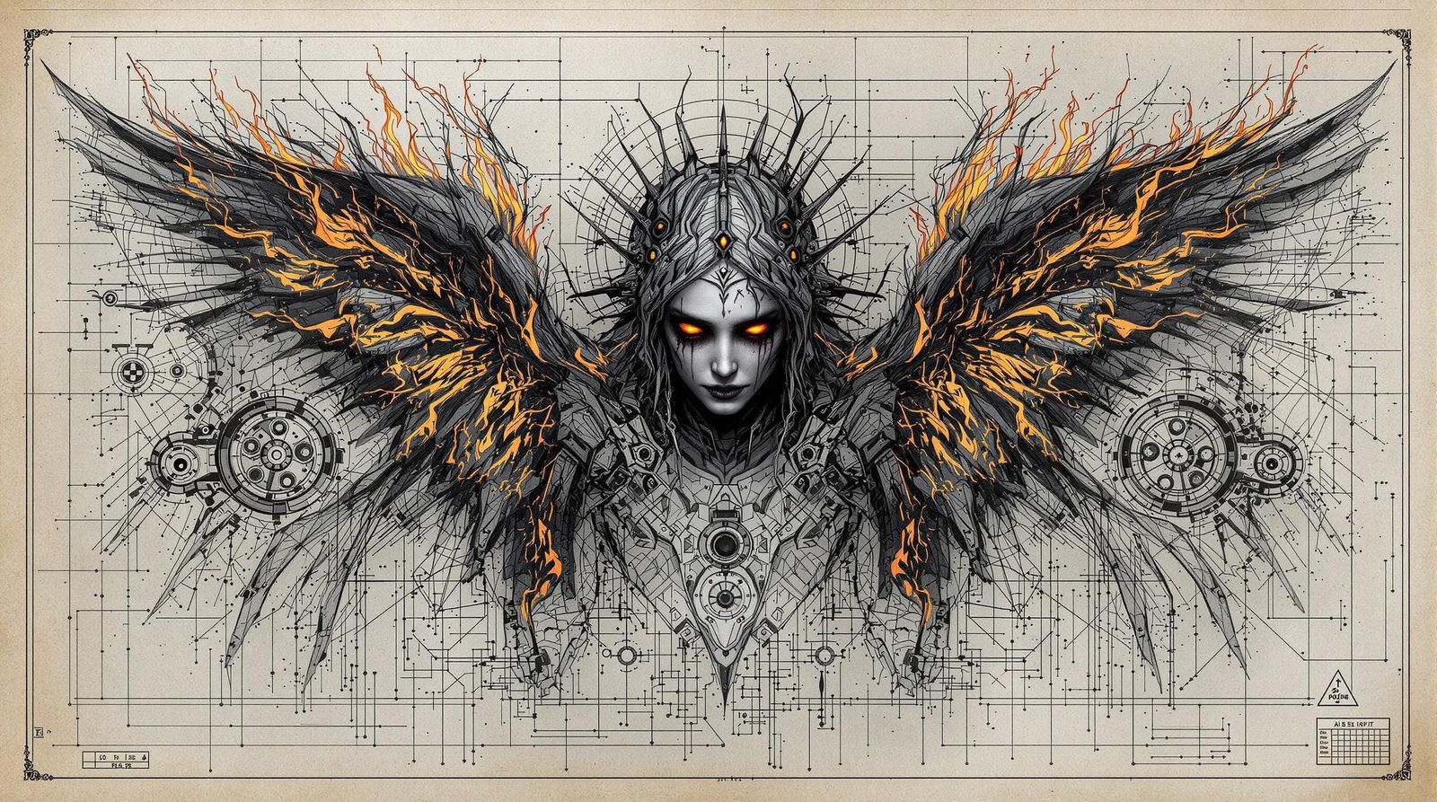 Mechanical Angel Blueprint with Burning Wings