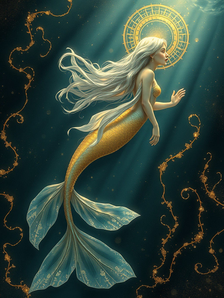 Iridescent Mermaid in Ocean Abyss: Art Nouveau Style
