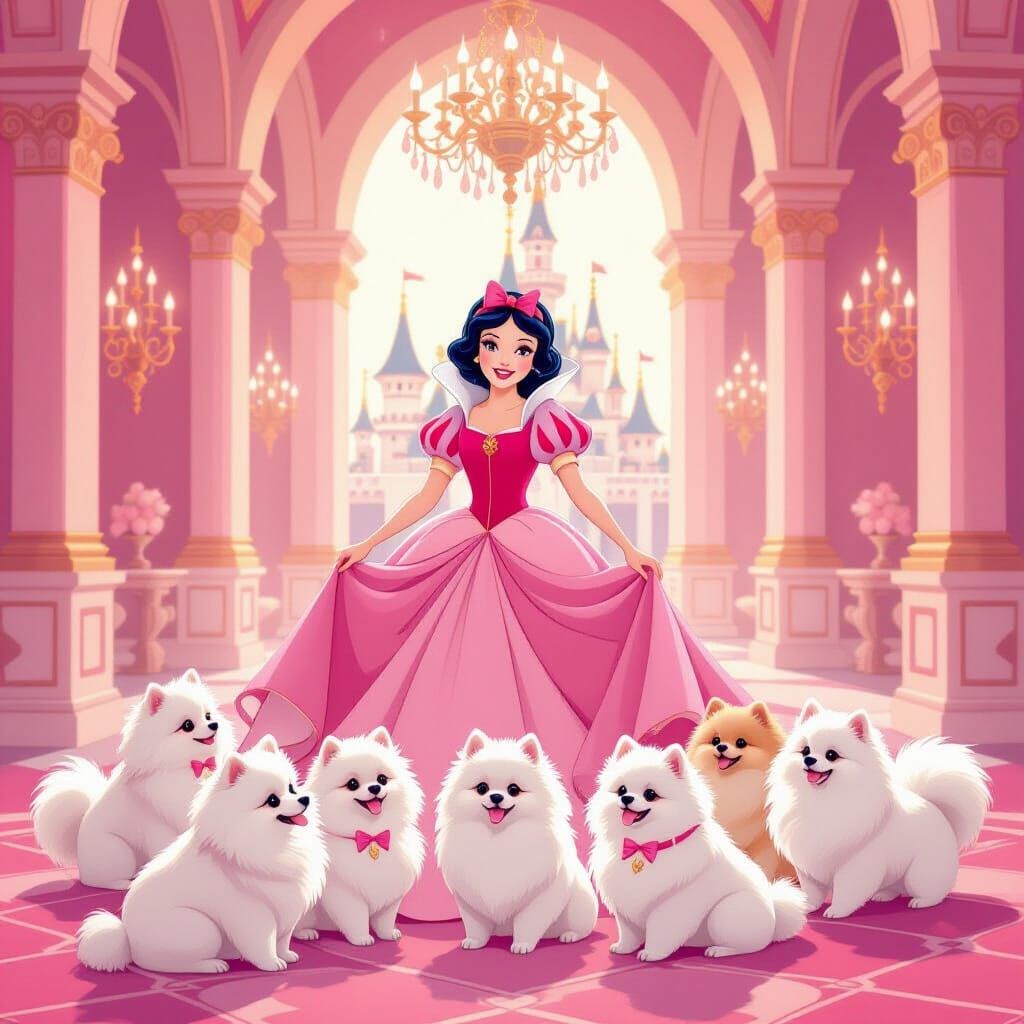 Snow White in Pink Castle with Seven White Pomeranians