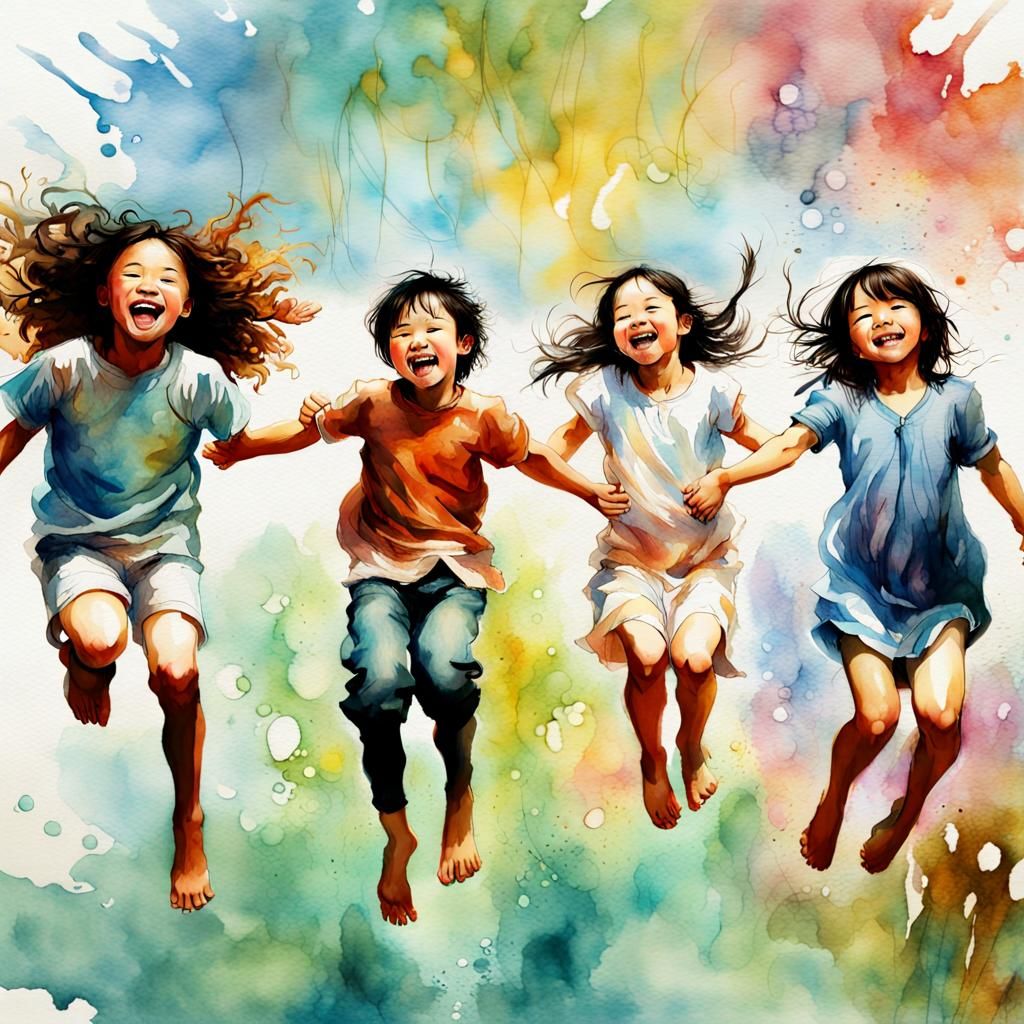 Happy Children Jumping: Art Nouveau Watercolor
