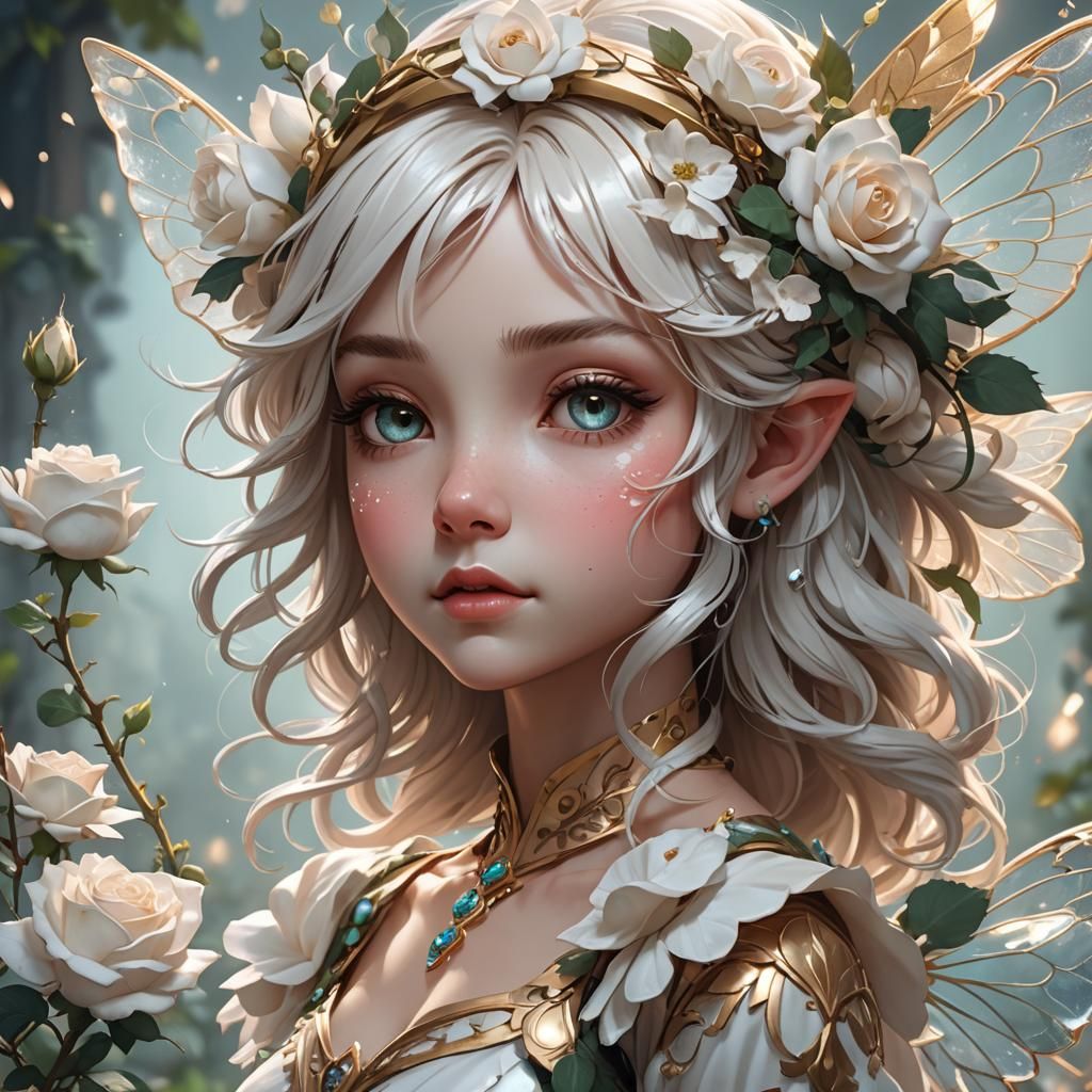 Chibi White Rose Fairy Portrait in Art Nouveau Style