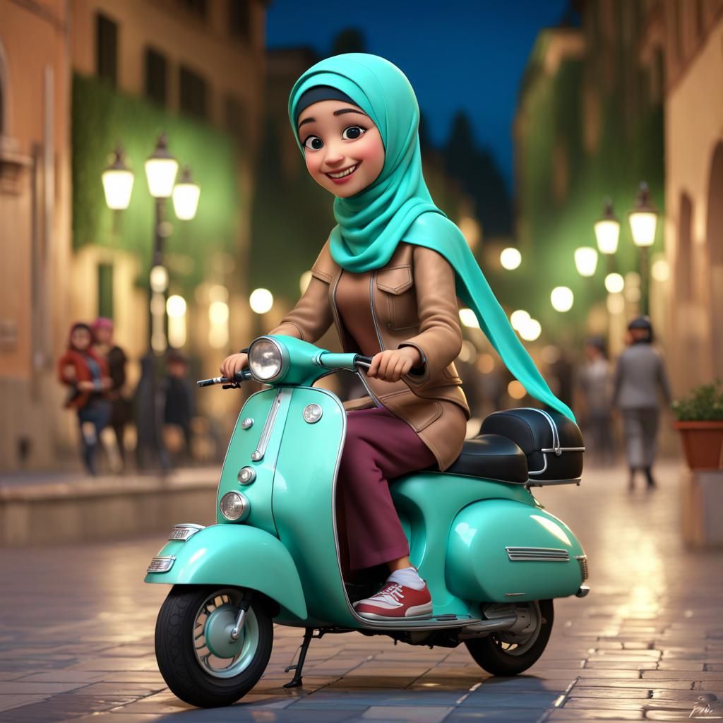 Algerian Girls on Vintage Scooter, Pixar Style