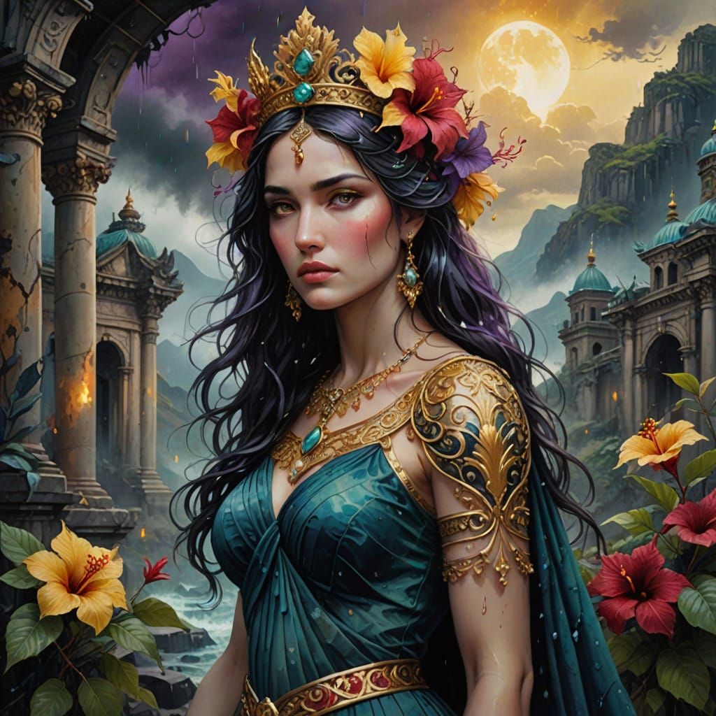 Goddess Amidst Ruin: Hyper-Realistic Watercolor