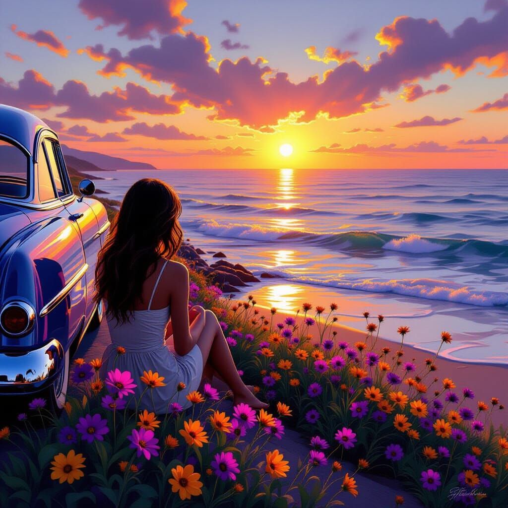 Woman Watches Sunset Over Ocean, Wildflowers Bloom